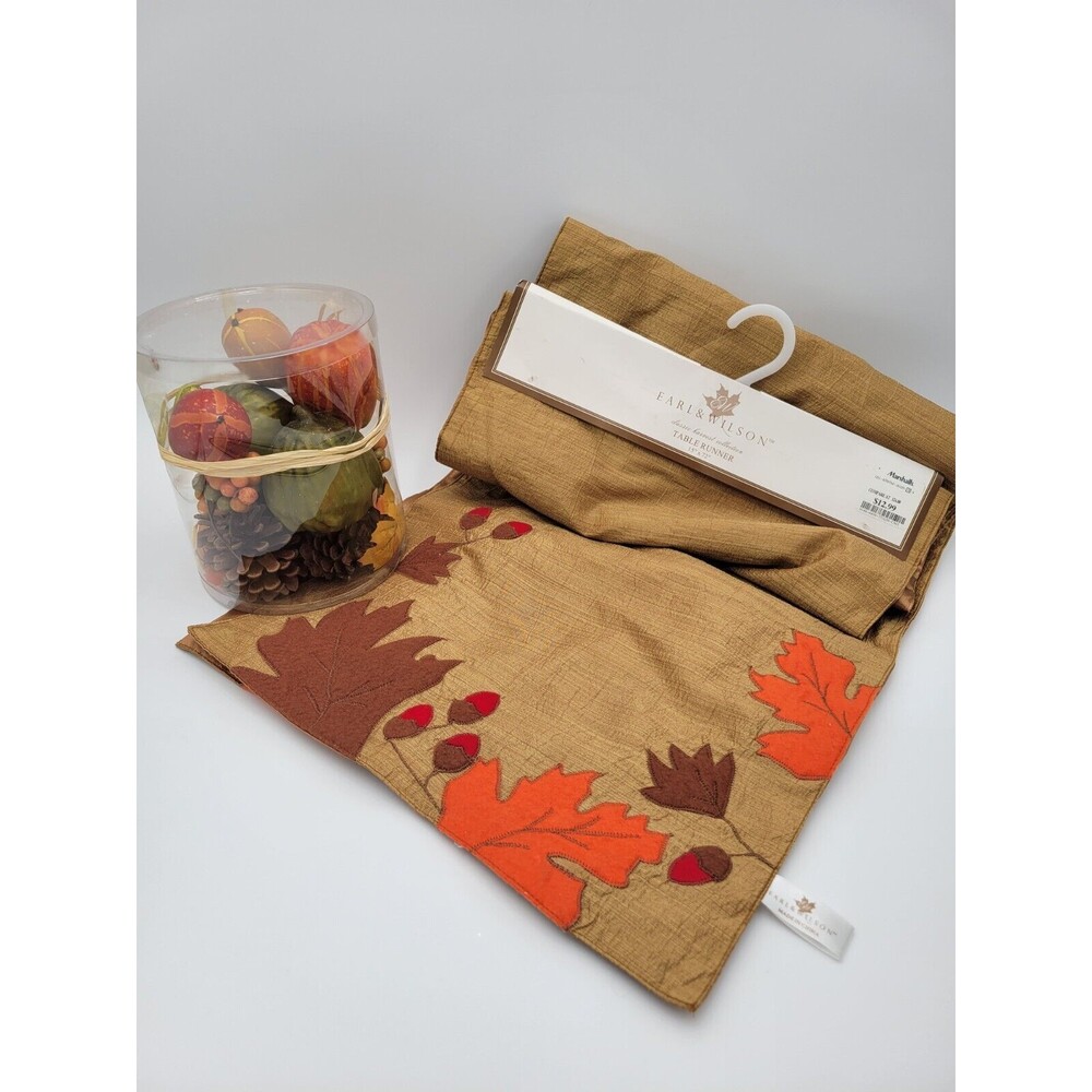Autumn Theme Table‎ Runner 72" & Faux Gourds Pinecones Thanksgiving Decor
